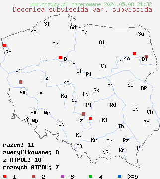 znaleziska Deconica subviscida var. subviscida (łysiczka ciemnobrązowa) na terenie Polski