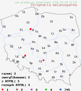 znaleziska Stropharia melanosperma (pierścieniak czarnozarodnikowy) na terenie Polski