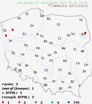 znaleziska Flammula alnicola (łuskwiak żółty) na terenie Polski