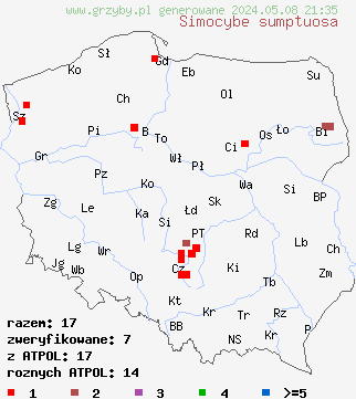 znaleziska Simocybe sumptuosa (ciemnoboczniak pachnący) na terenie Polski