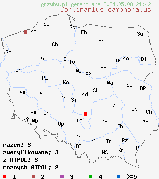 znaleziska Cortinarius camphoratus (zasłonak odrażający) na terenie Polski