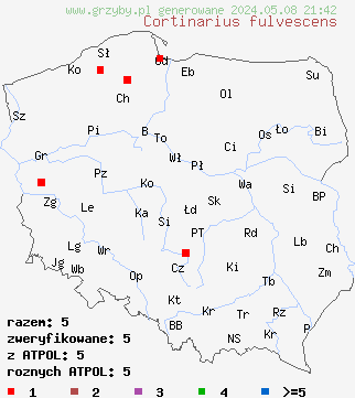 znaleziska Cortinarius fulvescens (zasłonak gniady) na terenie Polski