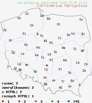 znaleziska Cortinarius hercynicus (zasłonak fioletowy hercyński) na terenie Polski