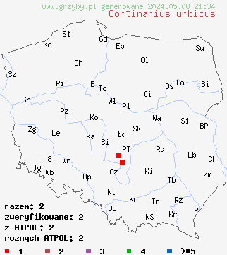 znaleziska Cortinarius urbicus (zasłonak przydrożny) na terenie Polski