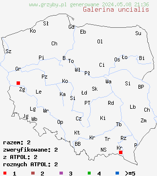 znaleziska Galerina uncialis (hełmówka mączna) na terenie Polski