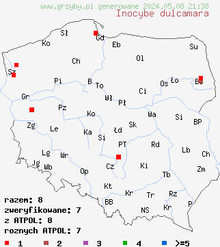 znaleziska Inocybe dulcamara (strzępiak słodkogorzki) na terenie Polski