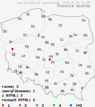 znaleziska Russula azurea (gołąbek lazurowy) na terenie Polski