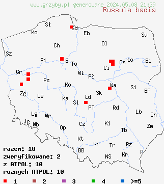 znaleziska Russula badia (gołąbek brunatny) na terenie Polski