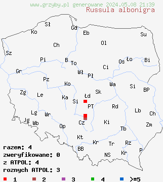 znaleziska Russula albonigra (gołąbek białoczarny) na terenie Polski