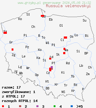 znaleziska Russula velenovskyi (gołąbek ceglastoczerwony) na terenie Polski