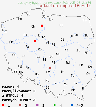 znaleziska Lactarius omphaliformis (mleczaj pępówkowy) na terenie Polski