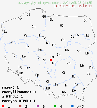 znaleziska Lactarius uvidus (mleczaj lepki) na terenie Polski