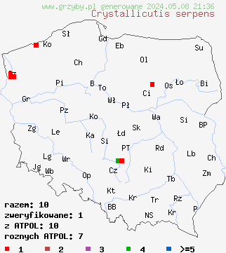 znaleziska Crystallicutis serpens (woskowniczek jamkowaty) na terenie Polski