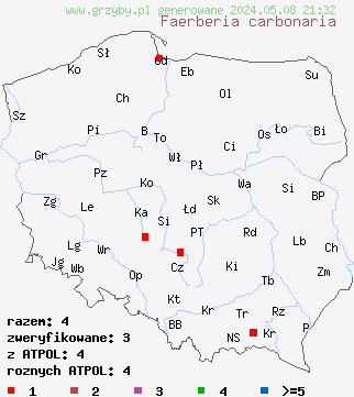 znaleziska Faerberia carbonaria (szaroblaszek zgliszczowy) na terenie Polski