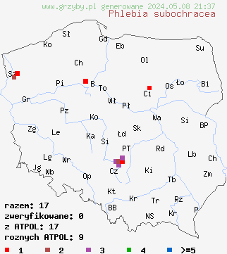 znaleziska Phlebia subochracea (żylak czerwonobrązowy) na terenie Polski