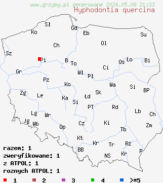 znaleziska Hyphodontia quercina (strzępkoząb długokolcowy) na terenie Polski