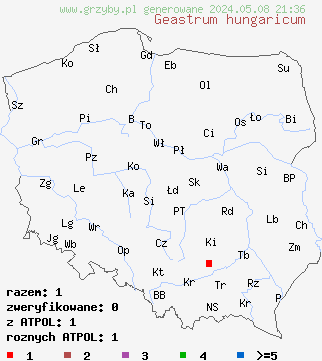 znaleziska Geastrum hungaricum (gwiazdosz węgierski) na terenie Polski