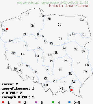 znaleziska Exidia thuretiana (kisielnica biaława) na terenie Polski