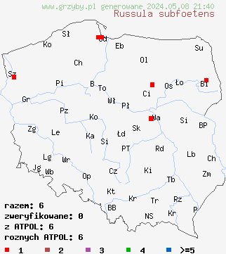 znaleziska Russula subfoetens (gołąbek niemiły) na terenie Polski