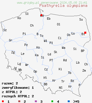 znaleziska Psathyrella olympiana (kruchaweczka czerwonobrązowa) na terenie Polski