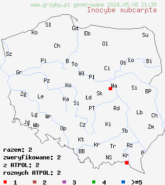 znaleziska Inocybe subcarpta (strzępiak chropowaty) na terenie Polski
