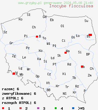 znaleziska Inocybe flocculosa (strzępiak kosmkowaty) na terenie Polski