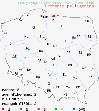 znaleziska Arrhenia peltigerina (języczek pawężnicolubny) na terenie Polski