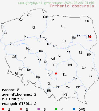 znaleziska Arrhenia obscurata (języczek czarnobrązowy) na terenie Polski