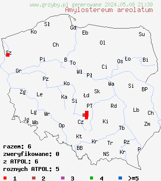 znaleziska Amylostereum areolatum (skórniczek świerkowy) na terenie Polski