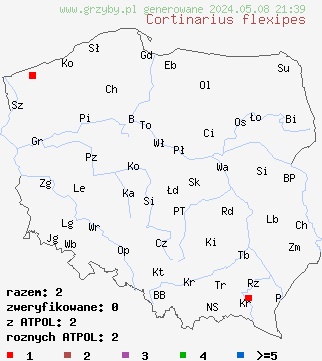 znaleziska Cortinarius flexipes (zasłonak krętonogi) na terenie Polski