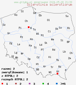 znaleziska Sclerotinia sclerotiorum (twardnica pasożytnicza) na terenie Polski
