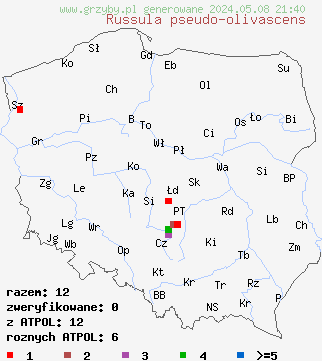 znaleziska Russula pseudo-olivascens (gołąbek spękanobrzegi) na terenie Polski