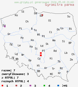 znaleziska Gyromitra parma (piestrzenica tarczowata) na terenie Polski