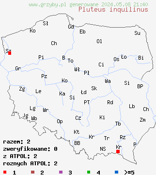 znaleziska Pluteus inquilinus (drobnołuszczak bulwiastotrzonowy) na terenie Polski