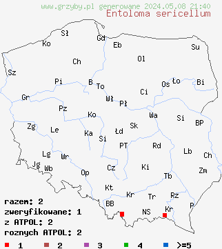 znaleziska Entoloma sericellum (dzwonkówka kosmkowata) na terenie Polski