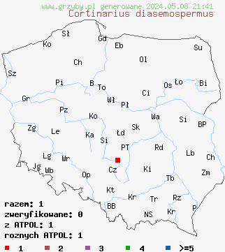 znaleziska Cortinarius diasemospermus na terenie Polski