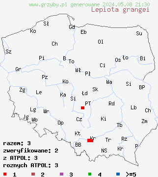znaleziska Lepiota grangei (czubajeczka niebieskozielonawa) na terenie Polski