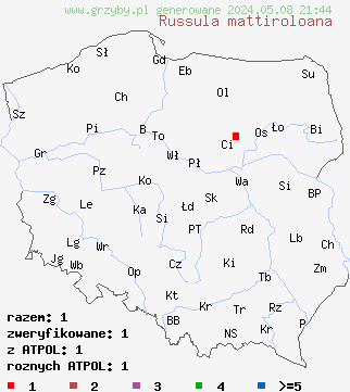 znaleziska Russula mattiroloana (liściogrzyb brązowiejący) na terenie Polski