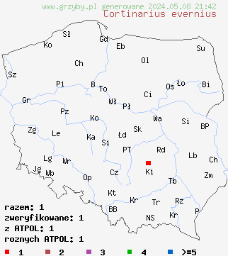 znaleziska Cortinarius evernius (zasłonak brązowordzawy) na terenie Polski