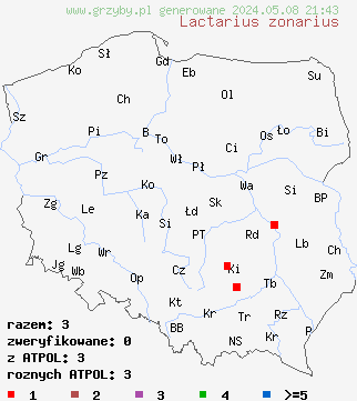 znaleziska Lactarius zonarius (mleczaj pręgowany) na terenie Polski