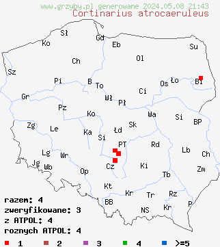 znaleziska Cortinarius atrocaeruleus (zasłonak czarnogołąbkowy) na terenie Polski