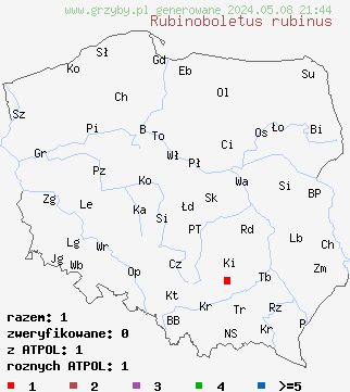 znaleziska Rubinoboletus rubinus (rubinoborowik dębowy) na terenie Polski