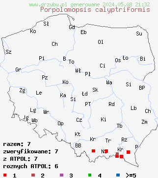znaleziska Porpolomopsis calyptriformis (stożkownica czapeczkowata) na terenie Polski