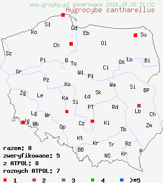 znaleziska Hygrocybe cantharellus (wilgotnica lejkowata) na terenie Polski