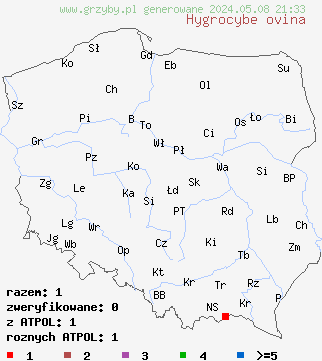 znaleziska Hygrocybe ovina (wilgotnica czerwieniejąca) na terenie Polski
