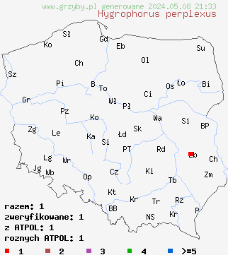 znaleziska Hygrophorus perplexus (wilgotnica ceglasta) na terenie Polski