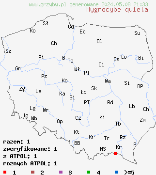 znaleziska Hygrocybe quieta (wilgotnica wypukła) na terenie Polski