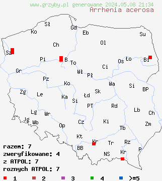 znaleziska Arrhenia acerosa (języczek półkulisty) na terenie Polski