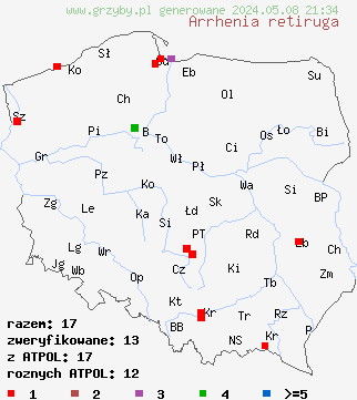 znaleziska Arrhenia retiruga (języczek siatkowany) na terenie Polski