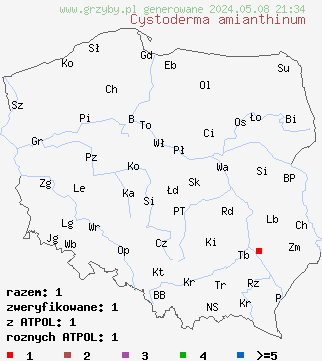 znaleziska Cystoderma amianthinum (ziarnówka ochrowożółta) na terenie Polski